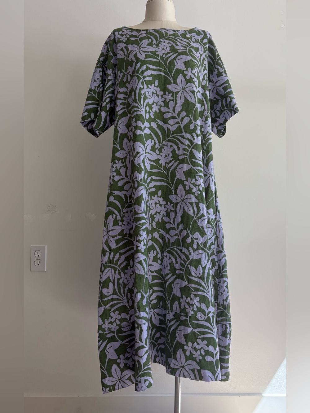 Linen Maxi Dress Olive Green with Lavender Floral Print